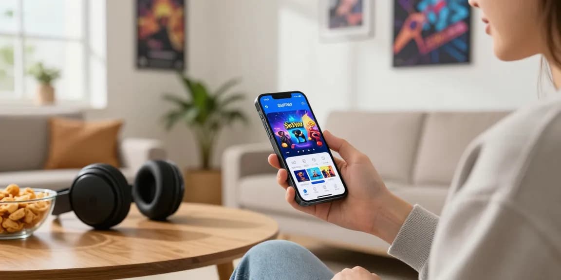 Engaged user exploring Slot7000 gaming app on smartphone in a cozy living room.