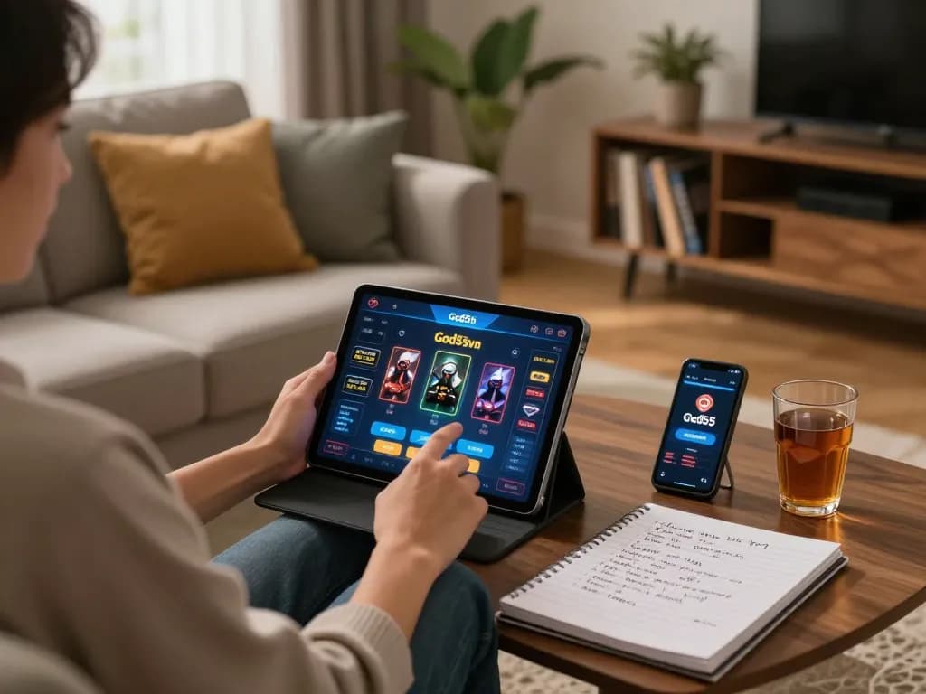 Person engaging in online gaming on God55vn platform from a cozy home setup