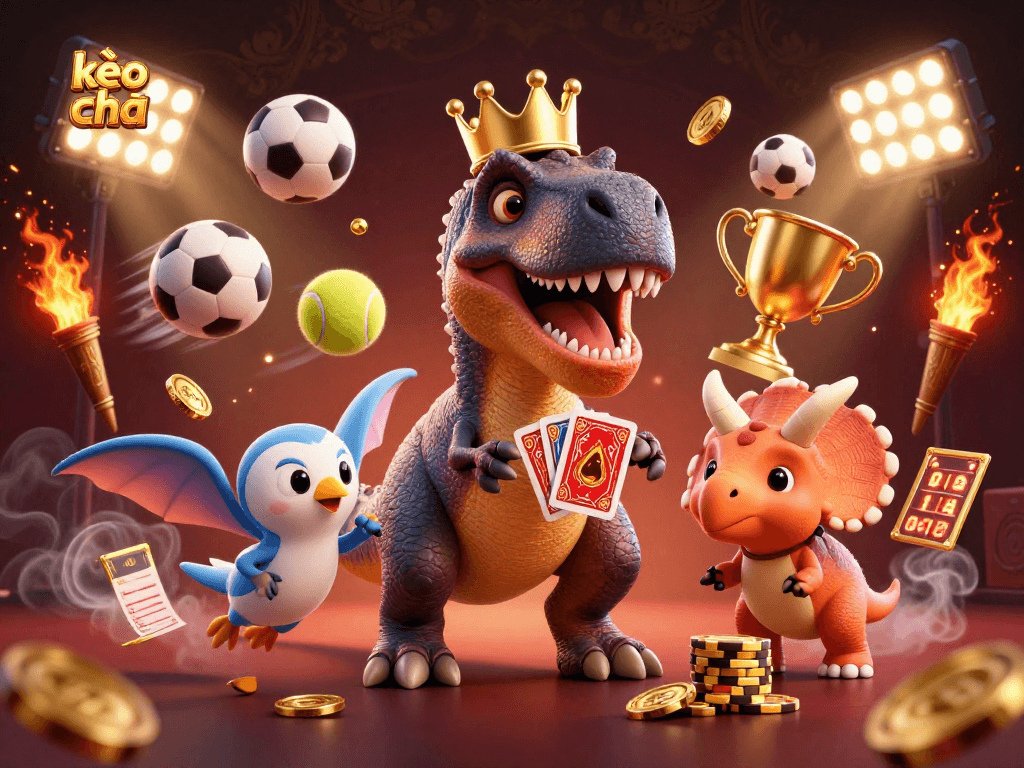 kèo nhà cái: Dynamic illustration of T-Rex and friends engaged in a vibrant casino atmosphere
