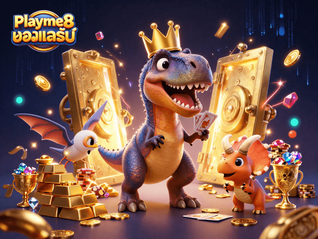 เล่น Playme8 บอลสเต็ป อย่างสนุกสนานกับทีเร็กซ์ในมงกุฎและเพื่อนในคาสิโนที่เต็มไปด้วยความร่ำรวย