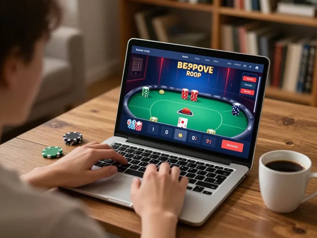Kuwin player engaging in online poker strategy on laptop in cozy home setup.