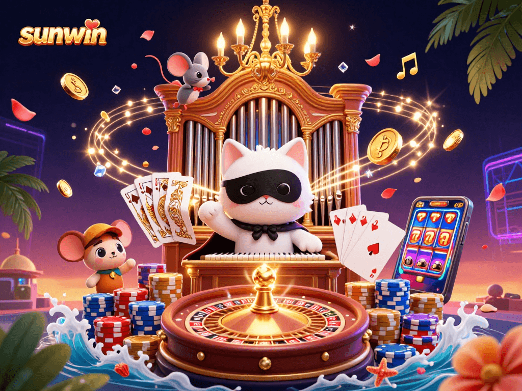 Experience exhilarating gameplay with sunwin's vibrant casino scene featuring a phantom cat and a mouse acrobat.