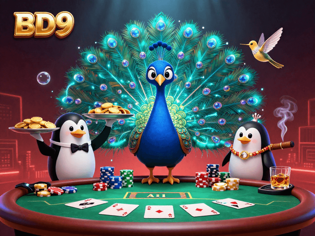 Experience thrilling gaming at BD9 with a vibrant casino scene showcasing poker, chips, and animated characters.