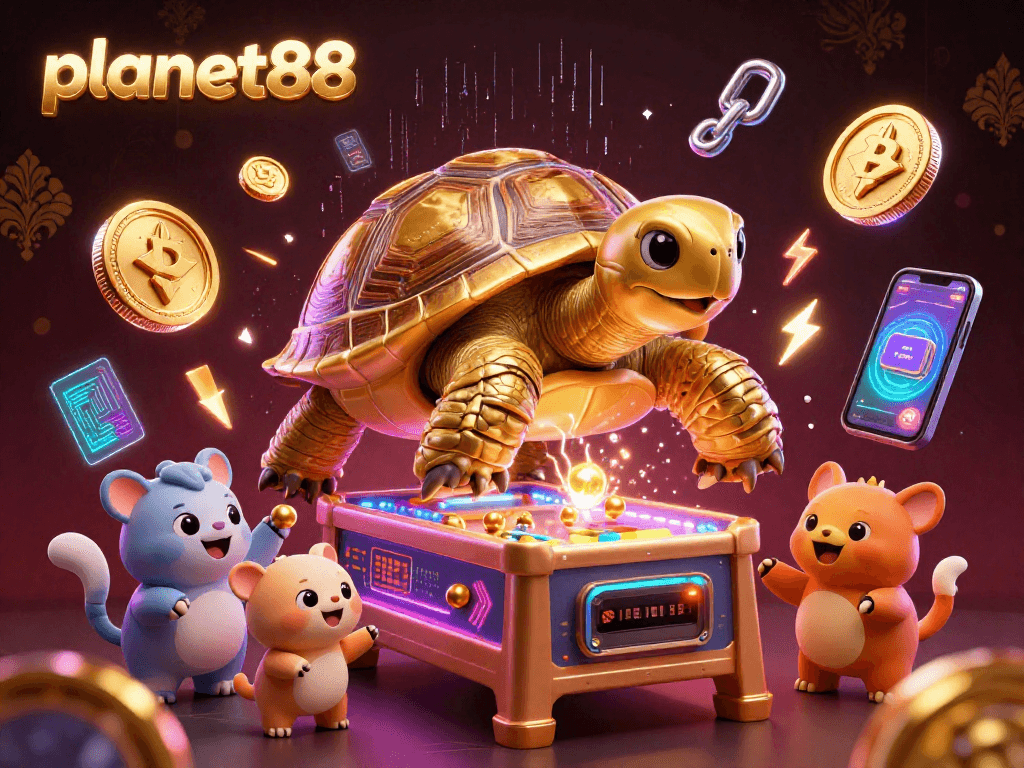 Engage with planet88's vibrant gaming scene featuring a golden tortoise pinball machine and crypto elements.