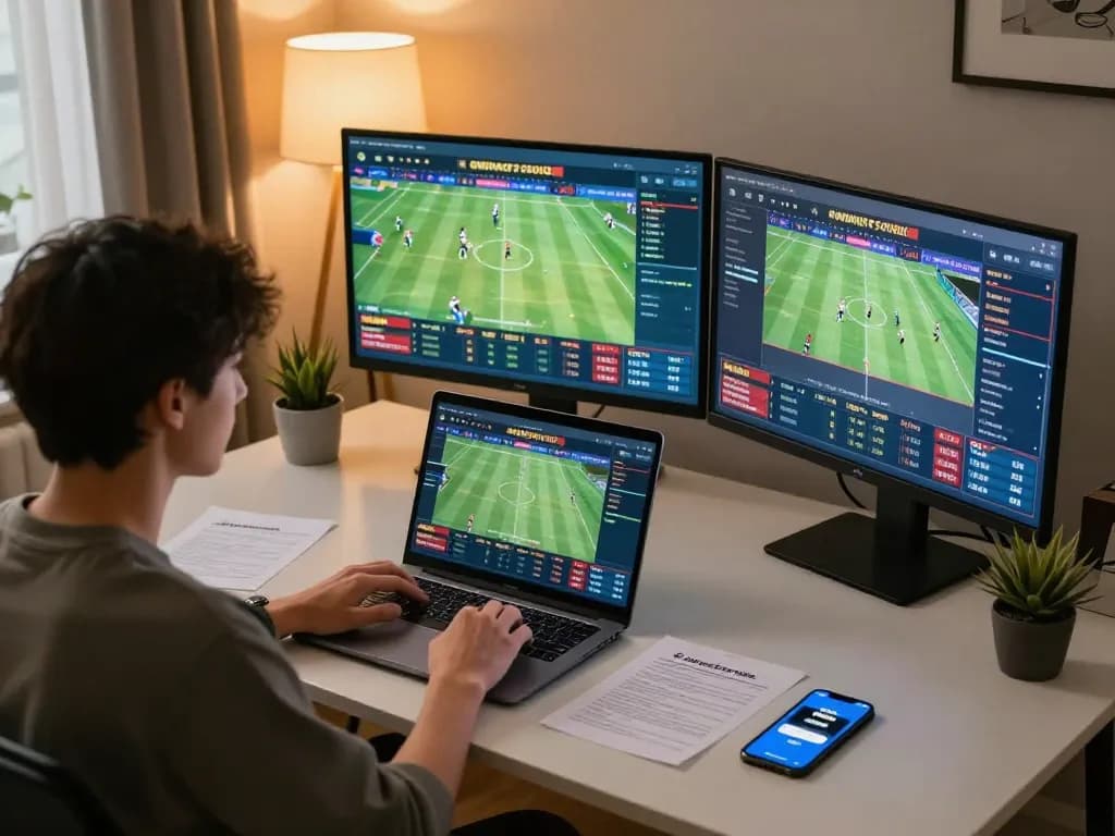 Player analyzing sports bets on 68win app in a cozy home office.