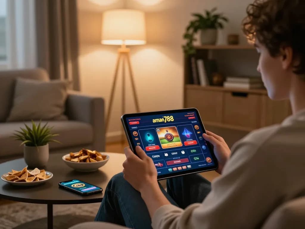 Sesi permainan online Aman788 di ruang tamu yang nyaman dengan seorang pemain terlibat dalam permainan strategis.