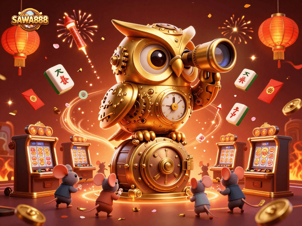 Experience the excitement of SAWA888 in a vibrant casino scene with golden owl and playful mice.