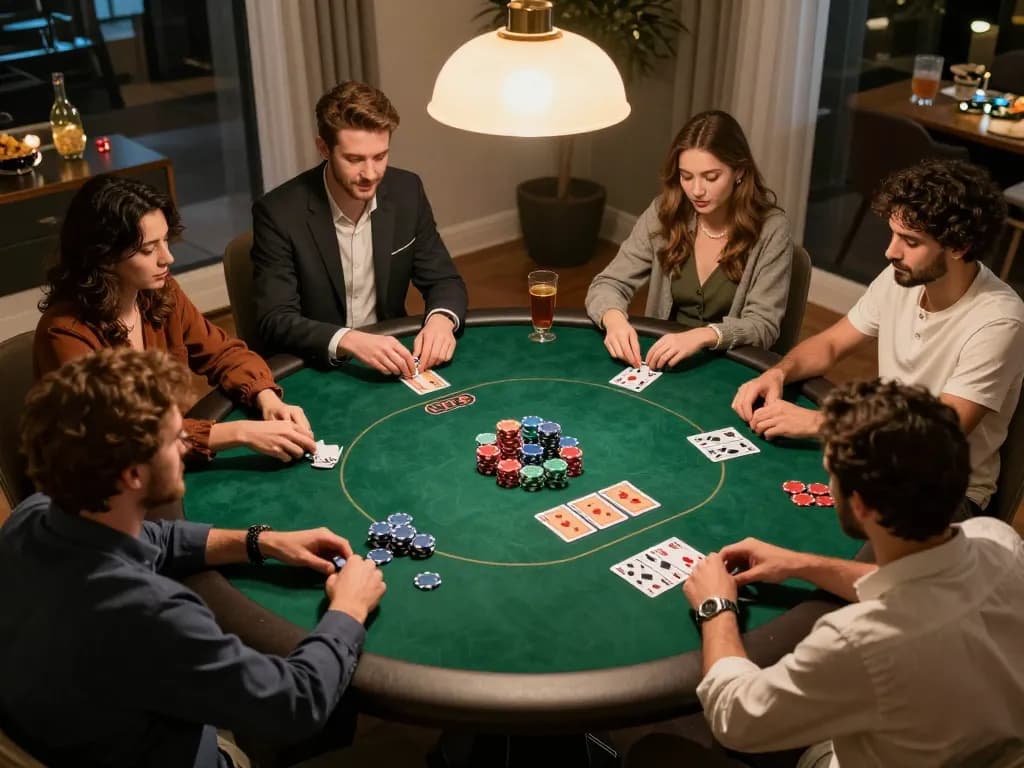 Bl555 players enjoy a friendly poker night, surrounded by chips and drinks in a cozy atmosphere.