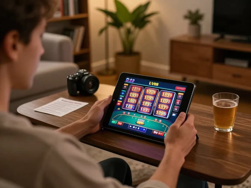 Player enjoying online slots at LV88 from a cozy living room, showcasing strategic gameplay.
