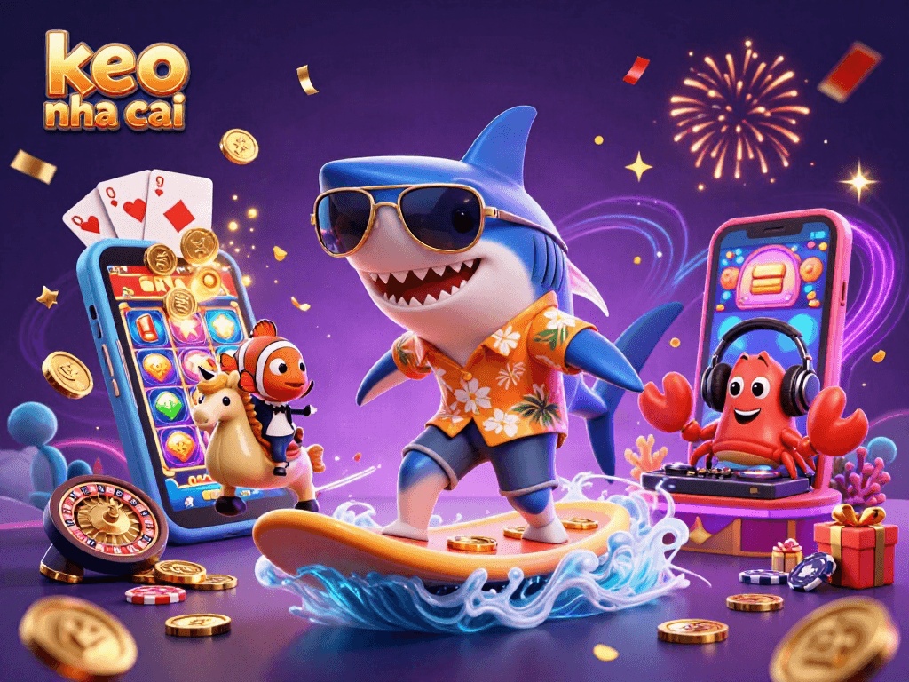 Experience keo nha cai fun with a charismatic shark surfing on gold coins as vibrant casino elements explode around.