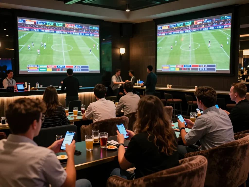Engaged sports bettors using their smartphones at the lively tylebongda lounge.