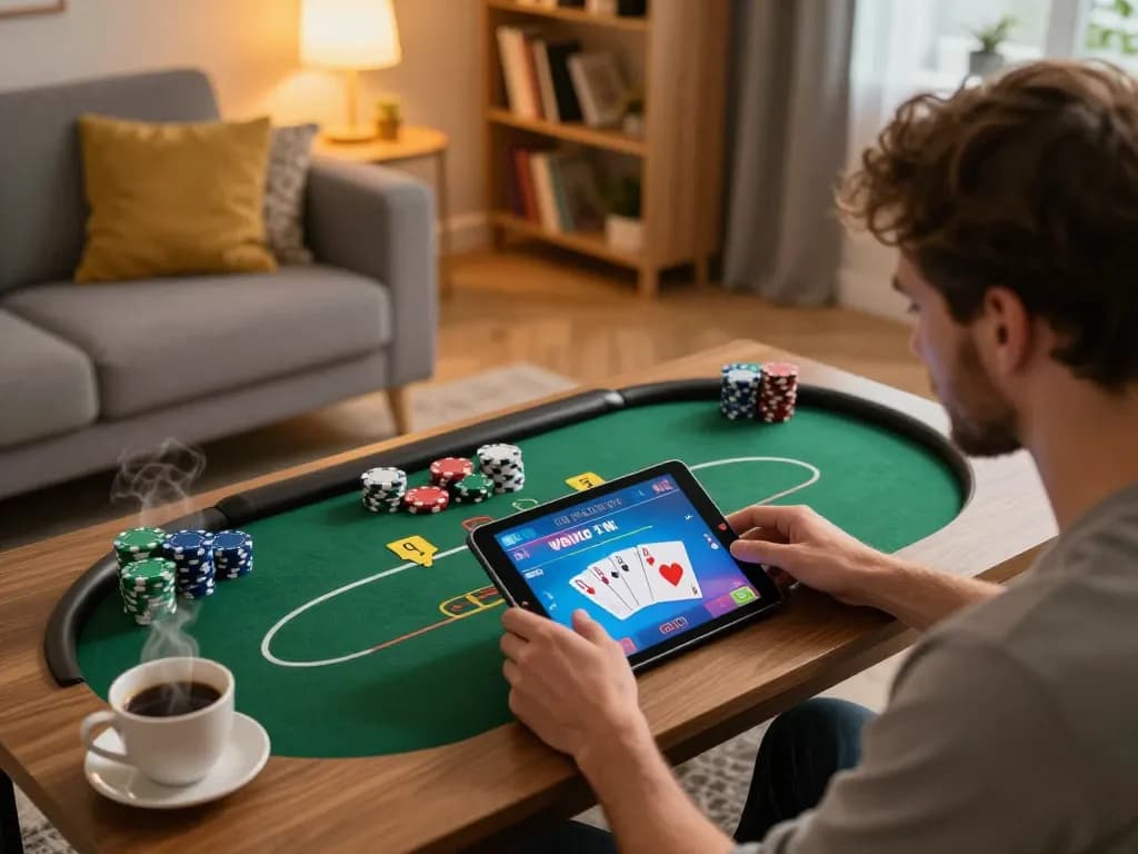 Playing digital poker on ulat123 app while enjoying a cozy living room setting.