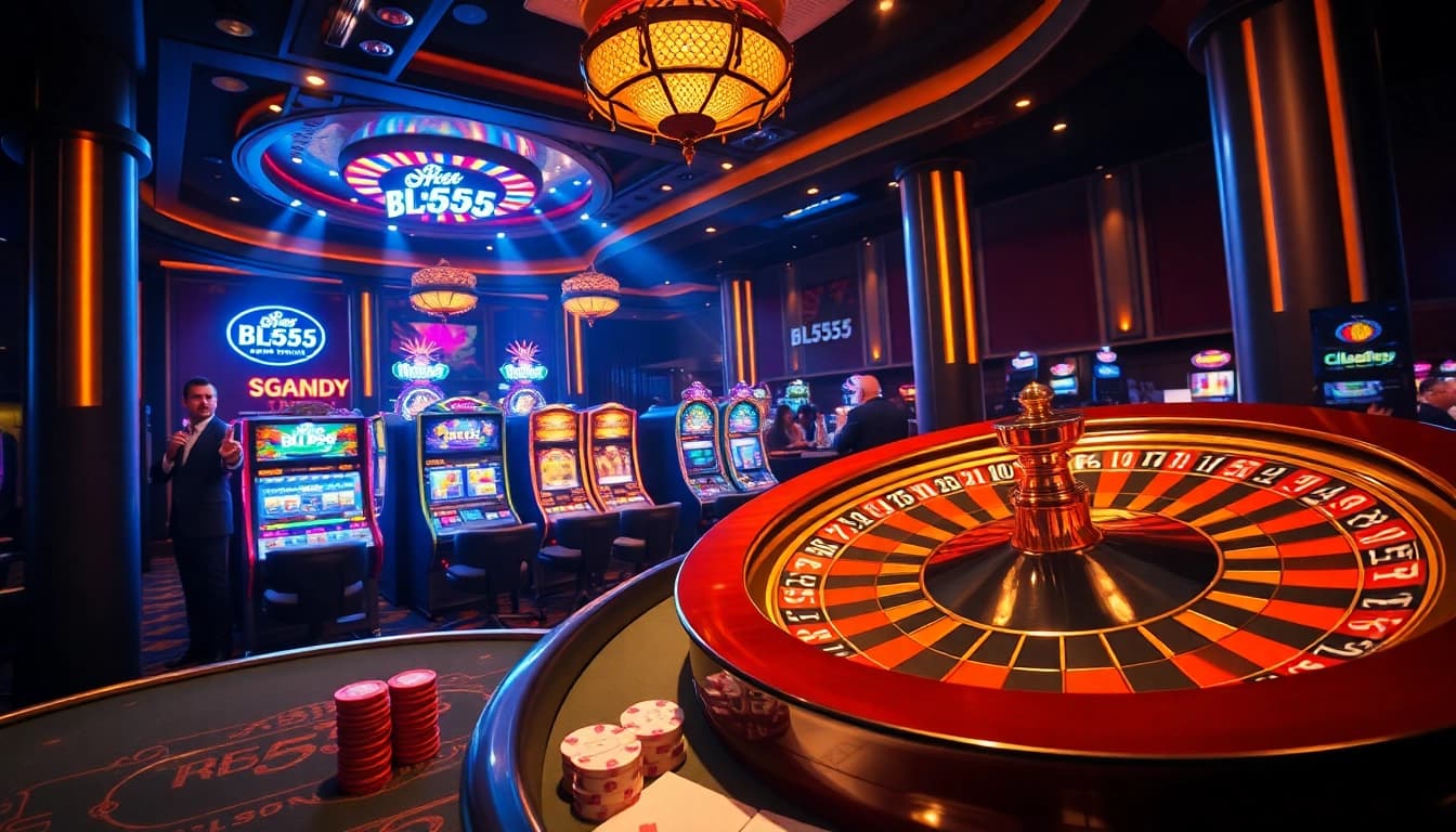 Experience the thrilling ambiance of BL555 casino featuring enthusiastic players at poker tables and vibrant slot machines.