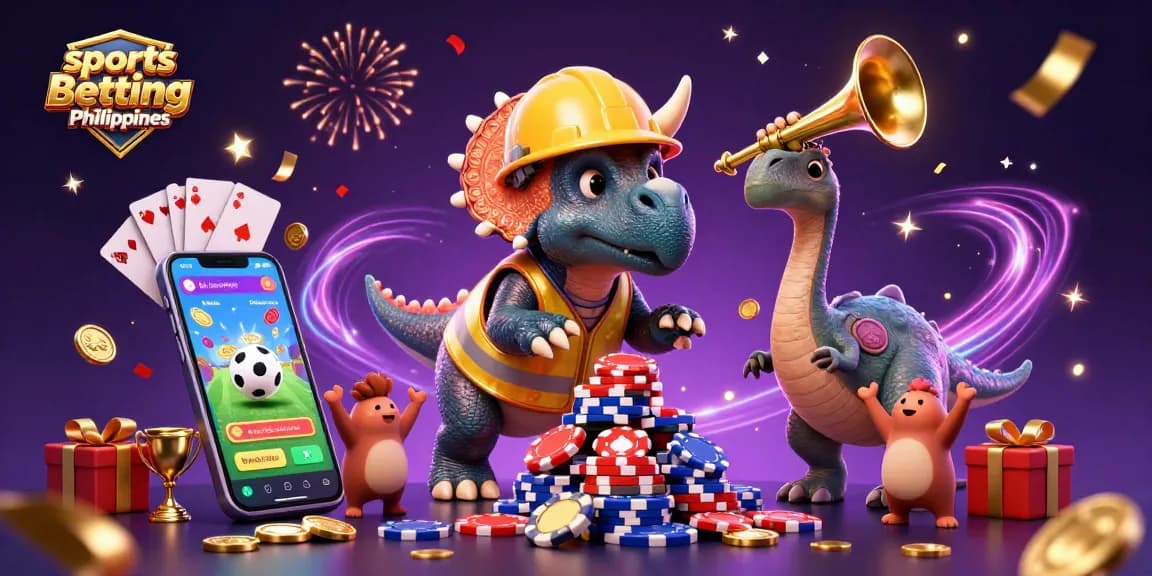 Engaging scene of sports betting Philippines with triceratops, parasaurolophus, and betting elements celebrating wins.