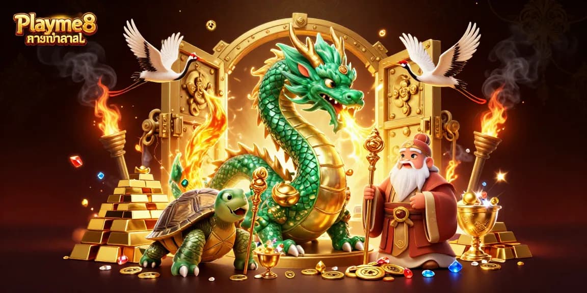 เล่นเกมคาสิโนออนไลน์พร้อมกับ Playme8 ทางเข้าล่าสุด ที่มีมังกรหยกและทองคำเป็นพื้นหลัง