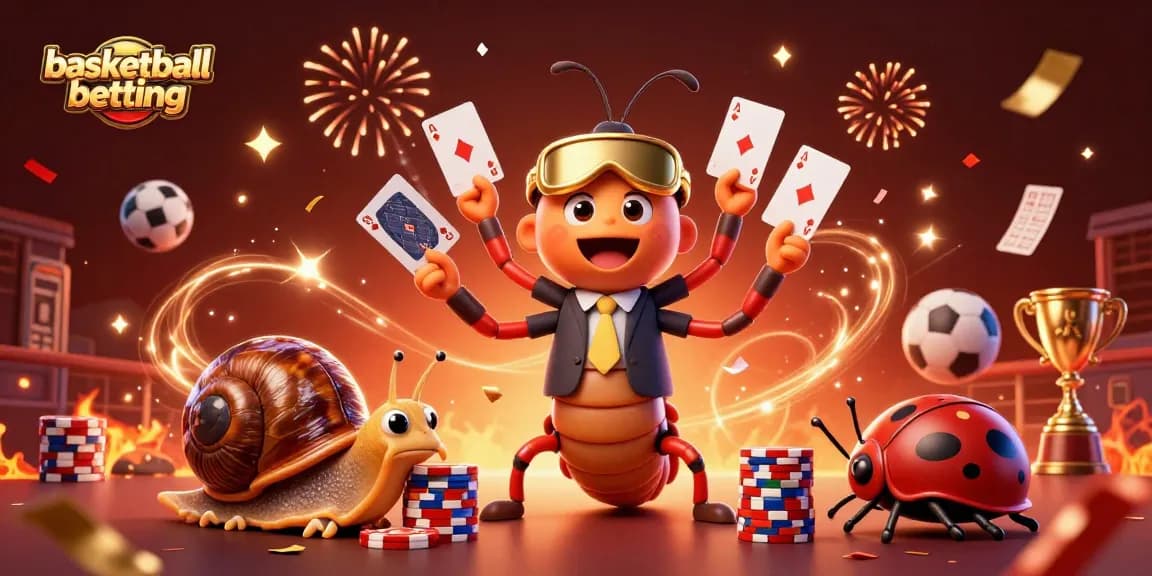 Engage in basketball betting with a colorful scene featuring a lively 3D cartoon millipede dealer.