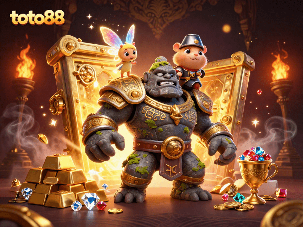 Exciting scene with toto88 characters revealing treasures, showcasing casino elements and magic