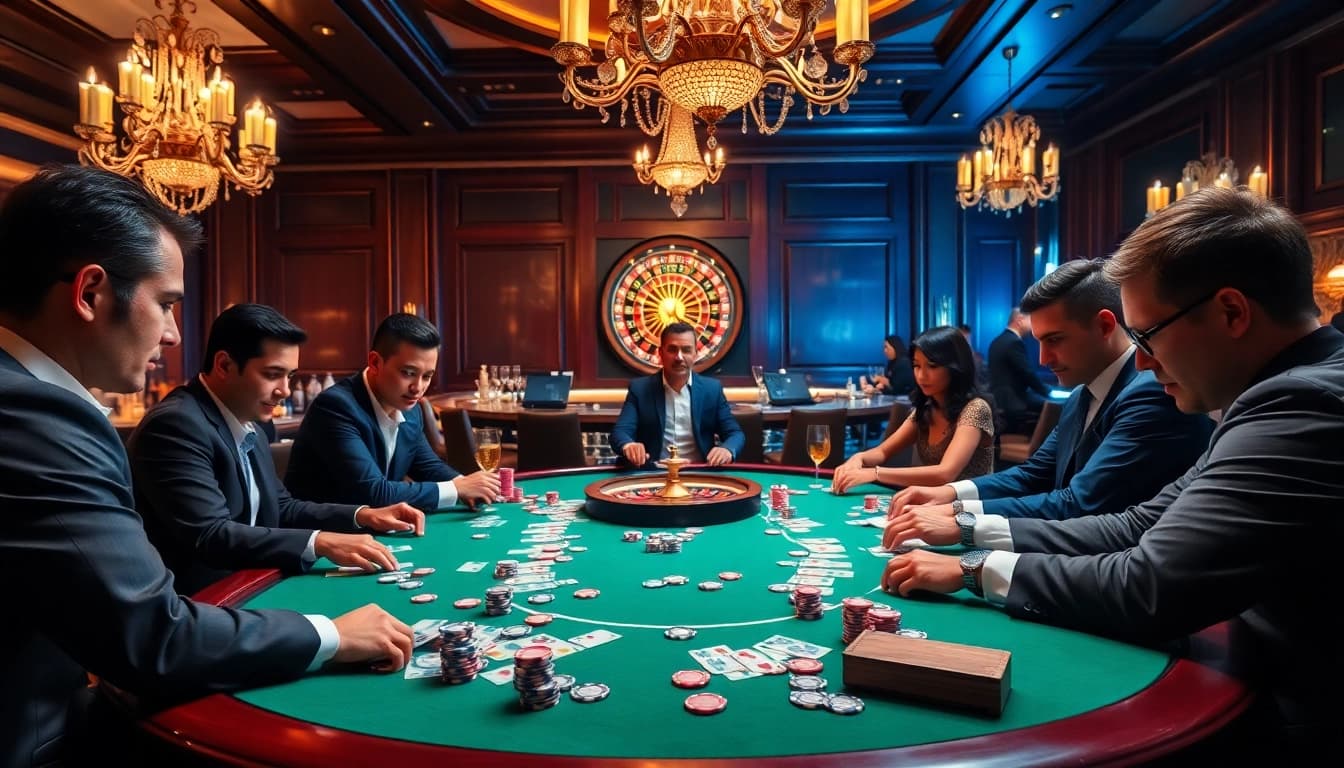 Engaging poker players focus on their hands at https://bl555.support casino with vibrant chips and roulette.