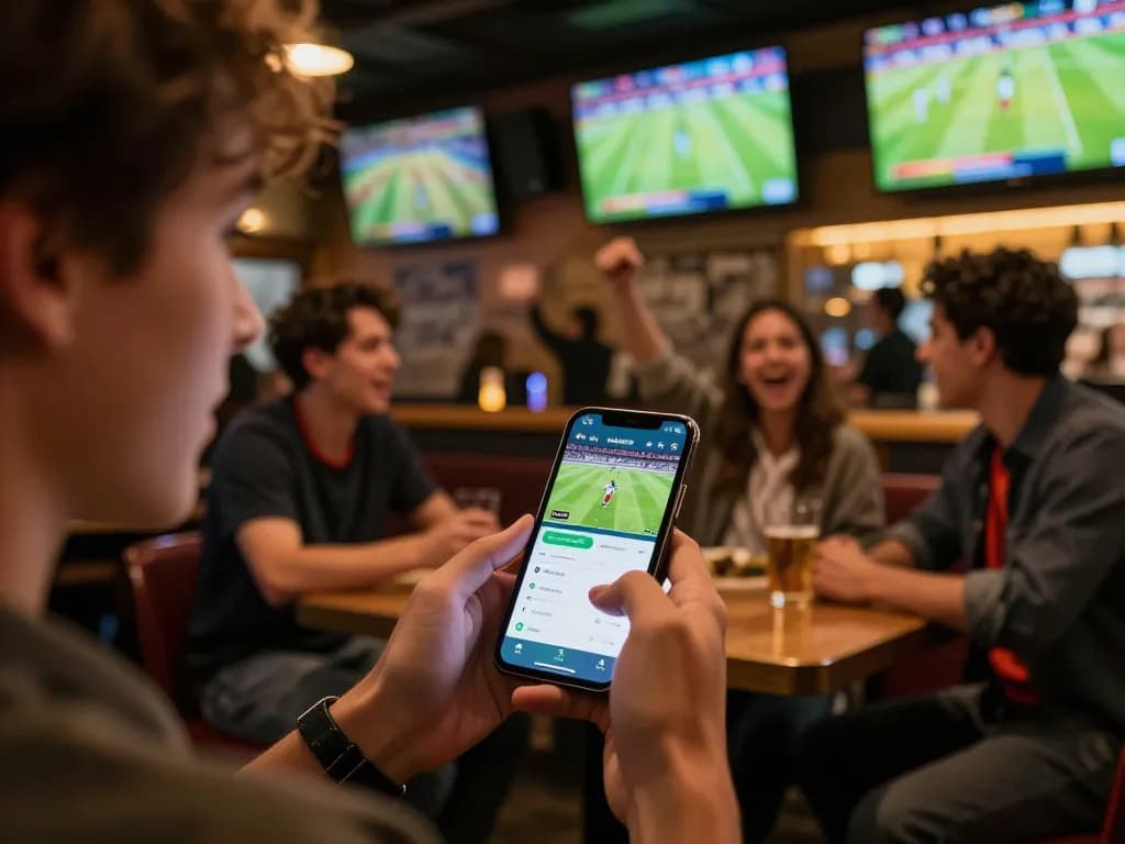 Tỷ Lệ Bóng Đá shown on smartphone in a vibrant sports bar, enhancing the live betting experience during a match