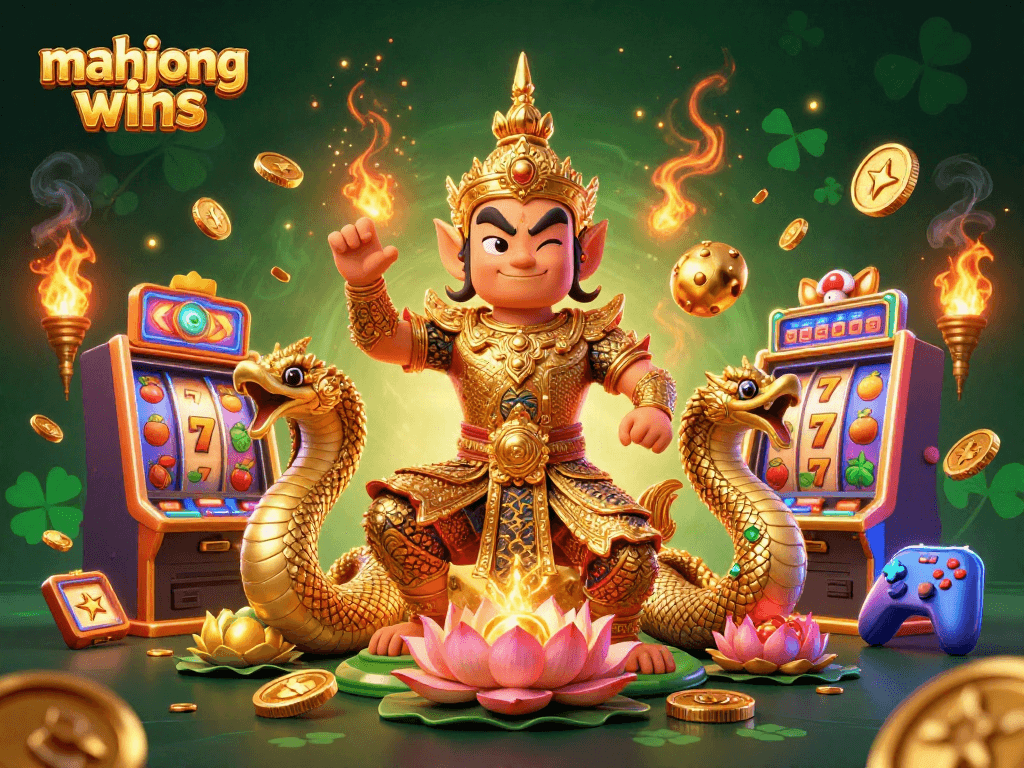 Engage with mahjong wins in a vibrant 3D casino scene featuring mythical guardians and gaming excitement.