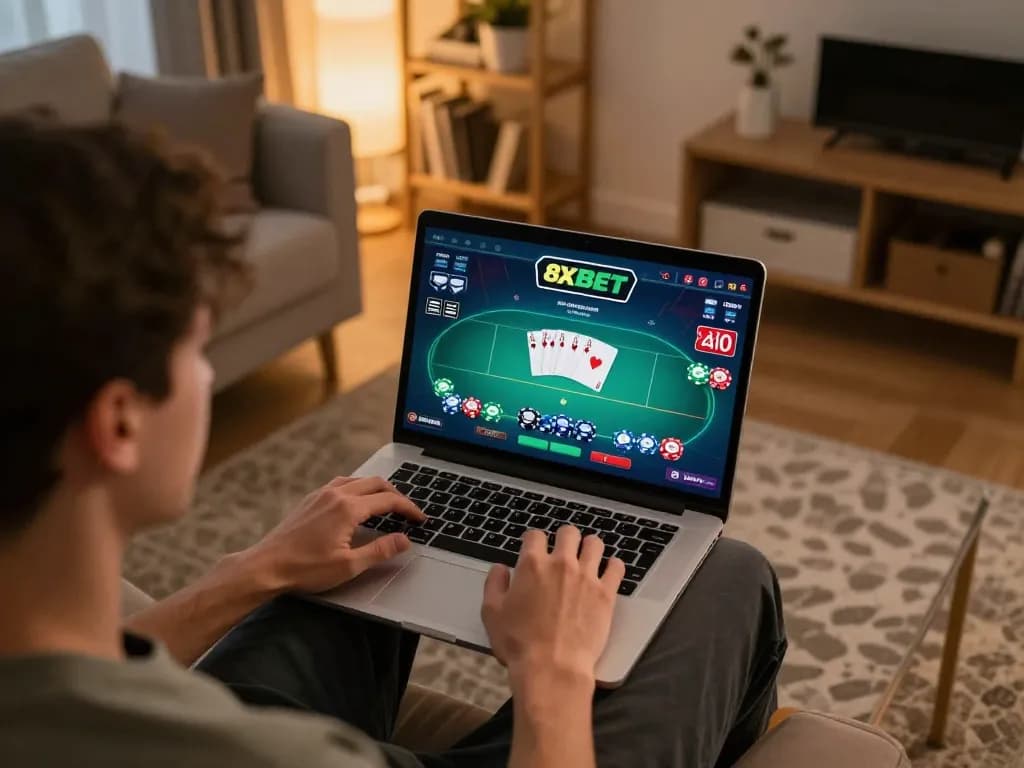 Engaging online gaming moment on nhà cái 8xbet platform, capturing player strategy in a cozy setting.