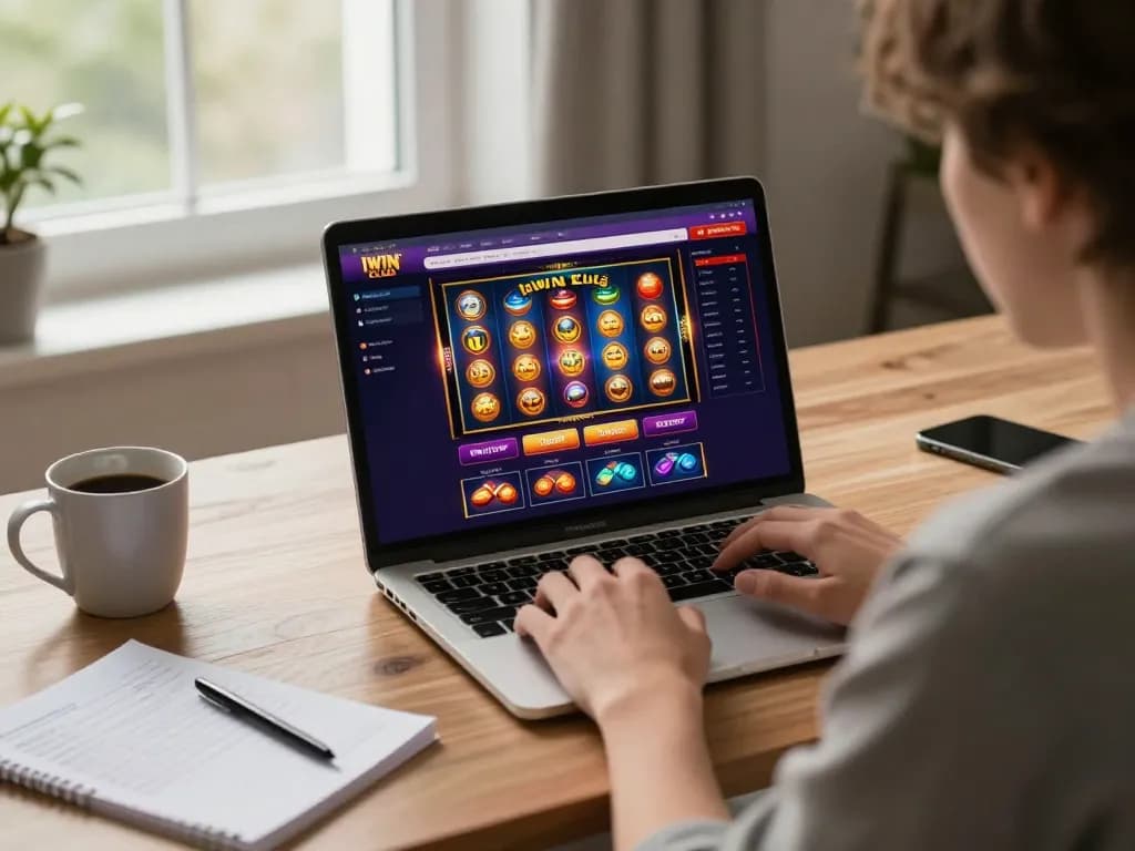 IWIN CLUB online gaming session as a player engages with vibrant slot games on a laptop.