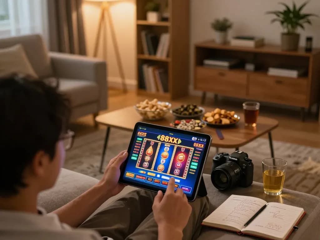 Engaging online gaming session with 88xx app on tablet, cozy home atmosphere