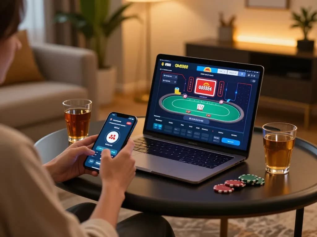Engaging in online gambling with open888 while enjoying a cozy home setup and poker games.