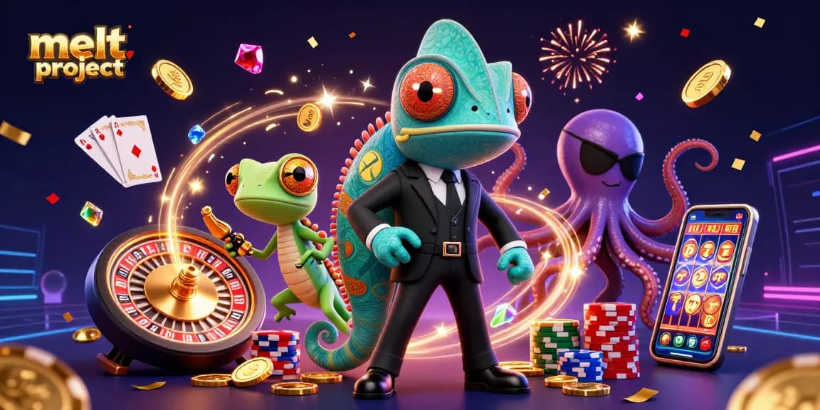 Win at melt-project online casinos with a colorful 3D illustration featuring various dynamic casino game elements.