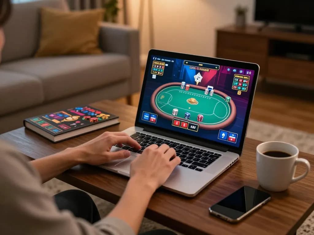 Engaging in strategic online poker gameplay with LV88 on a cozy laptop setup at home.
