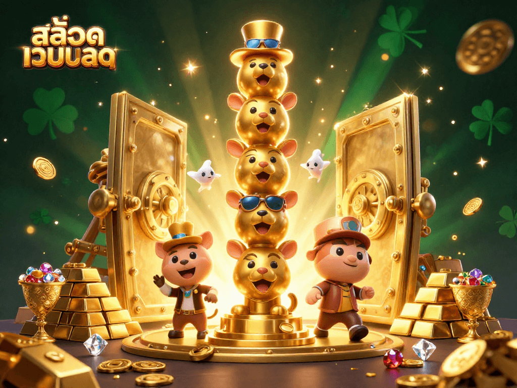 Engage with สล็อตเว็บตรง featuring vibrant totem art, gold treasures, and casino elements in a lively scene.