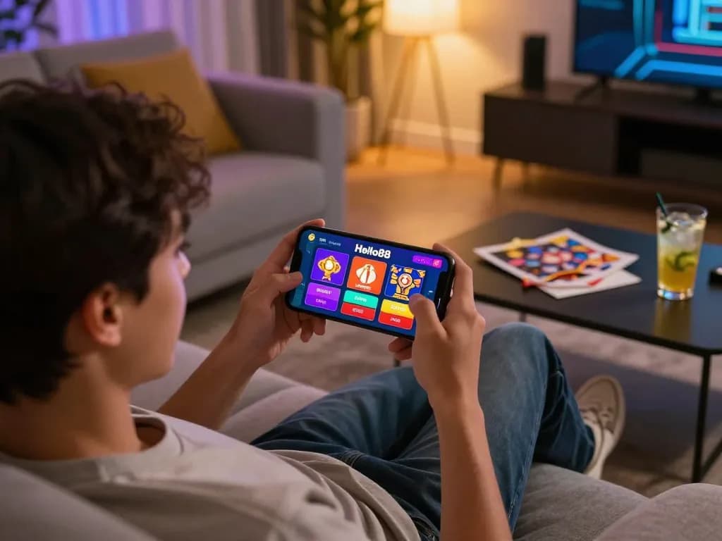 Hello88 mobile gaming experience showcased on a smartphone, player engaged with colorful interface illustrated