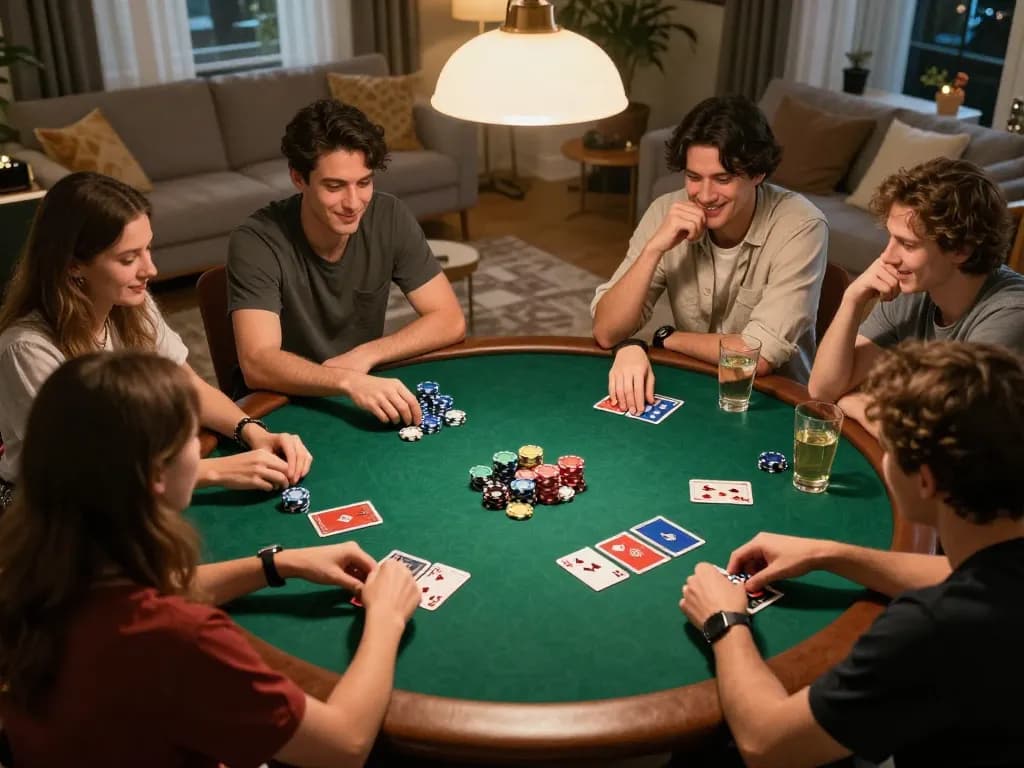 Kèo nhà cái 88 action during a friendly home poker night with excited players gathered over cards and chips.