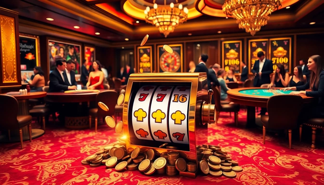 Spin the idn slot machine in a luxurious casino filled with excitement and high-stakes gambling.
