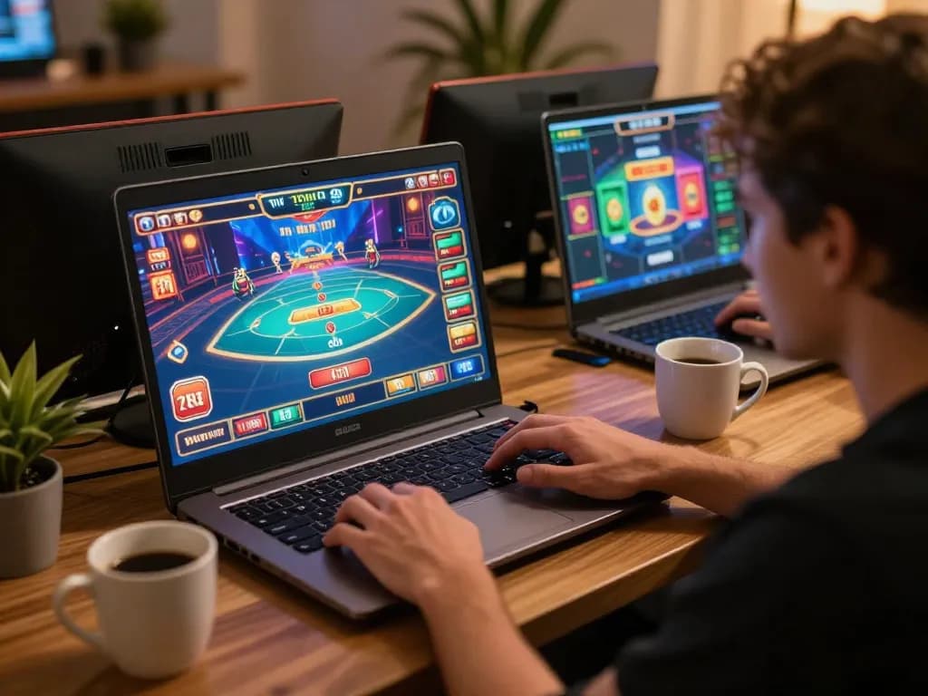 Player enjoying online casino games at home with RR88, highlighting a vibrant gaming atmosphere and cozy ambiance