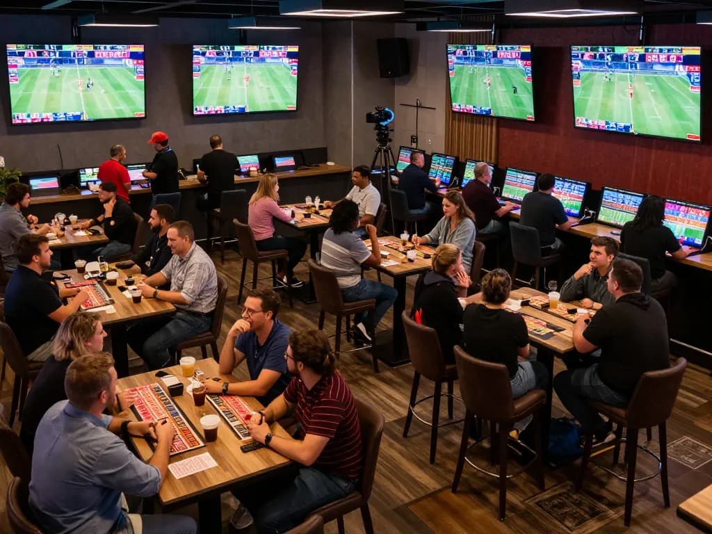Sun Win bettors cheering while engaging in sports betting at a modern lounge.