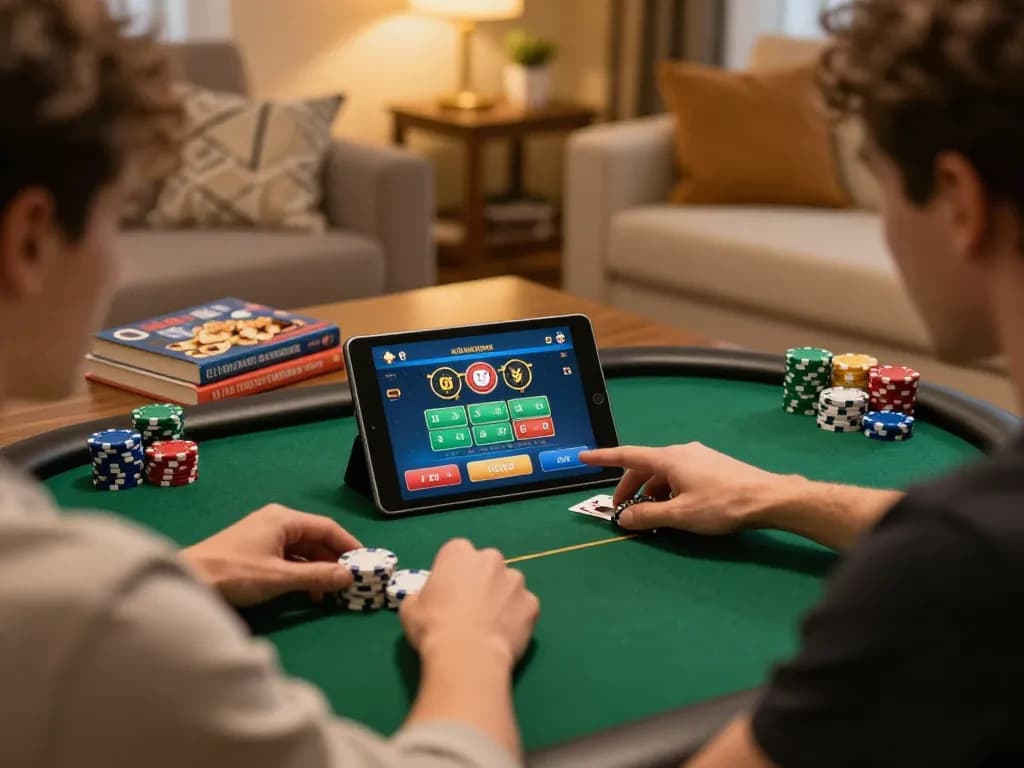 Player enjoying online poker on a tablet, experiencing TG88 gaming with strategic insights and snacks.