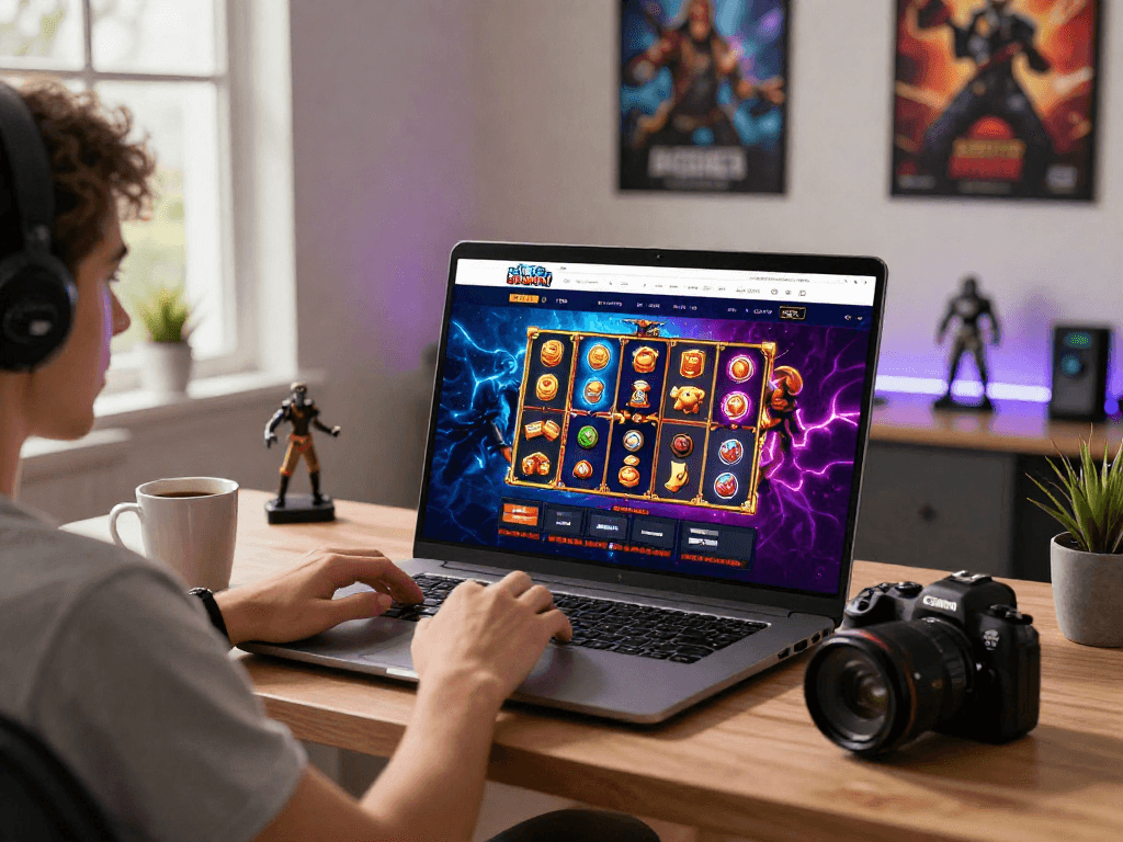 A player using mpocash.blog to explore exciting online slots with scatter features in a vibrant gaming setup.