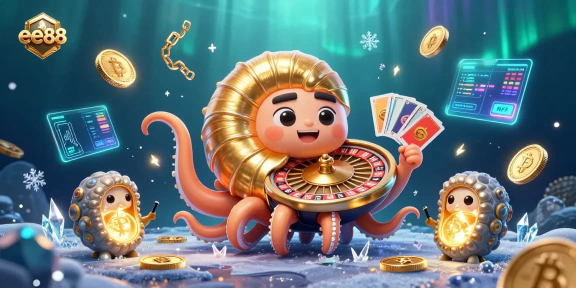 ee88 showcases an engaging 3D casino scene with a golden roulette nautilus and glowing crypto elements.