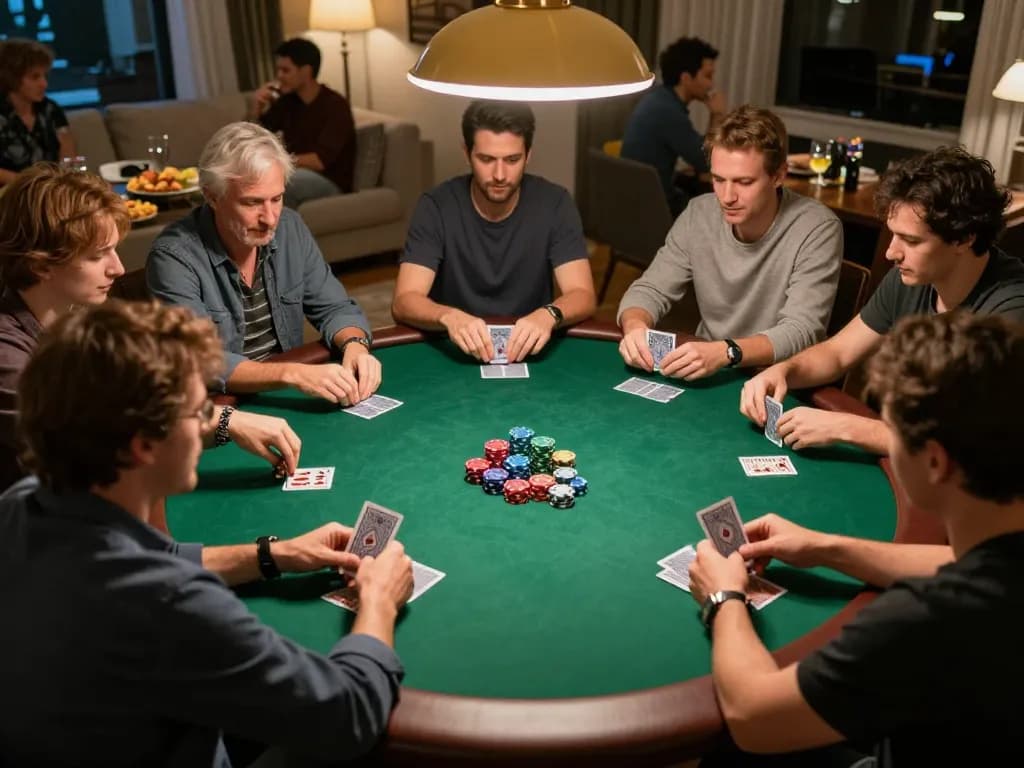 Engaged players experiencing a thrilling poker game at a stylish home, part of the trang chu 98win experience
