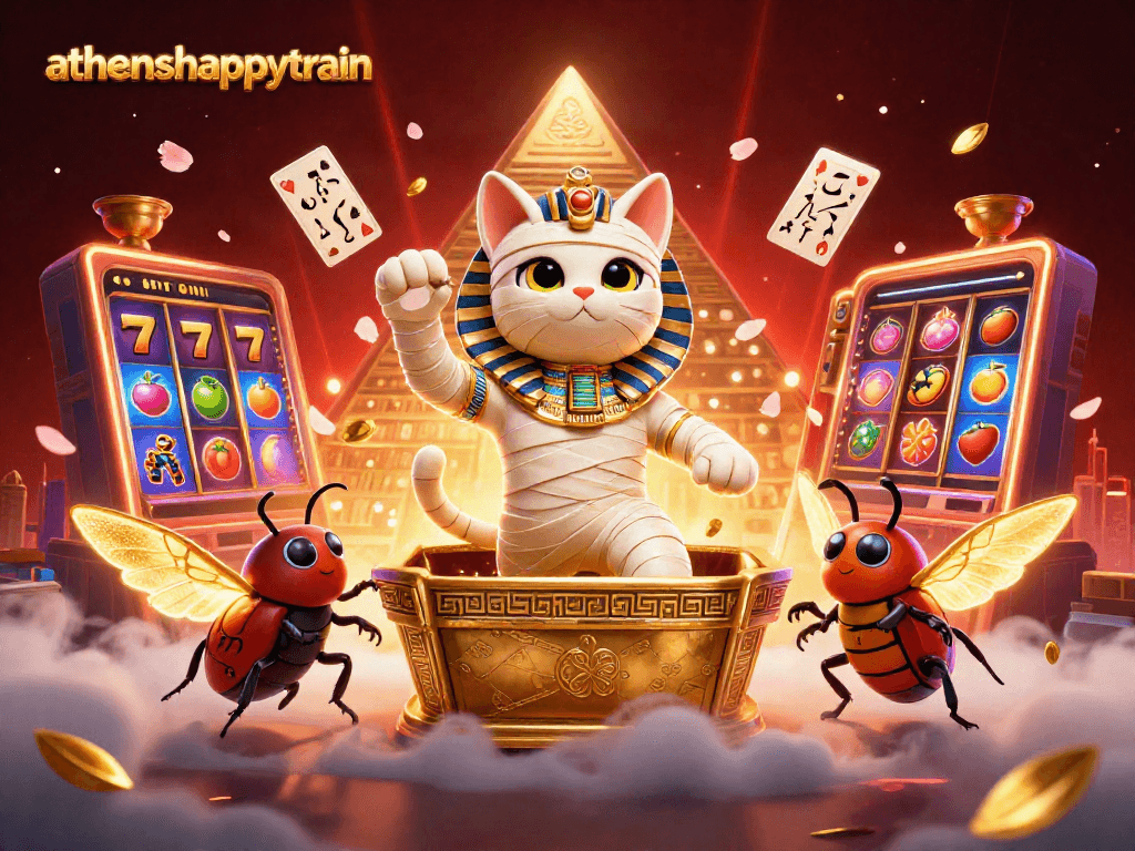 Experience the vibrant action of athenshappytrain in a dynamic casino scene with thrilling slots and ancient symbols.
