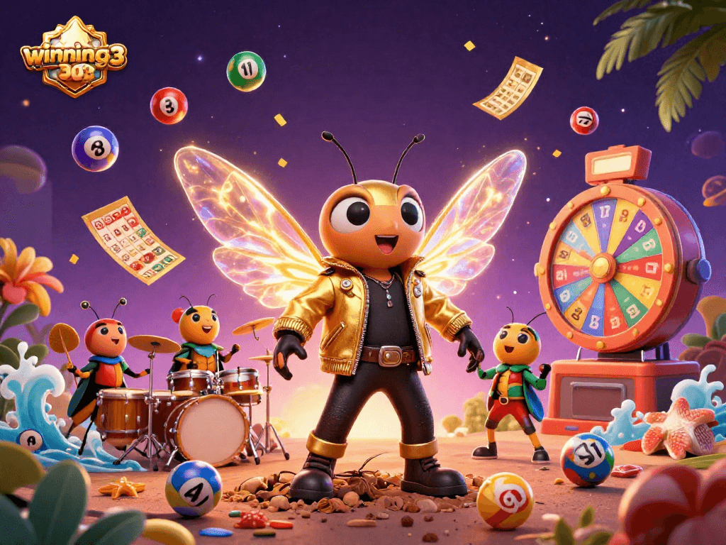 Engage with winning303's vibrant casino scene featuring cartoon rock star and dynamic lottery elements.