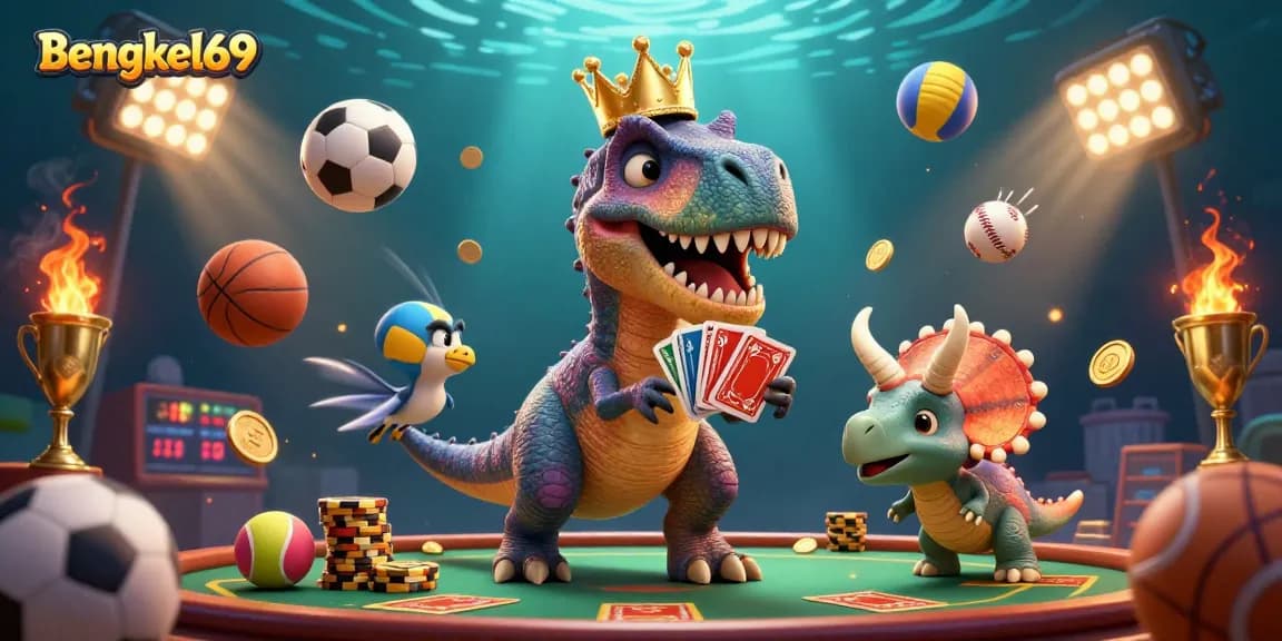 Bengkel69 features a T-Rex card dealer and a chip-stacking triceratops in a lively casino scene.