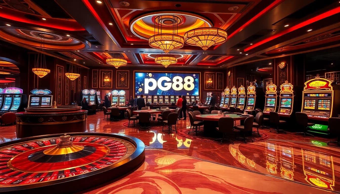 Active gamblers enjoying a thrilling experience at PG88, surrounded by roulette wheels and vibrant slot machines.