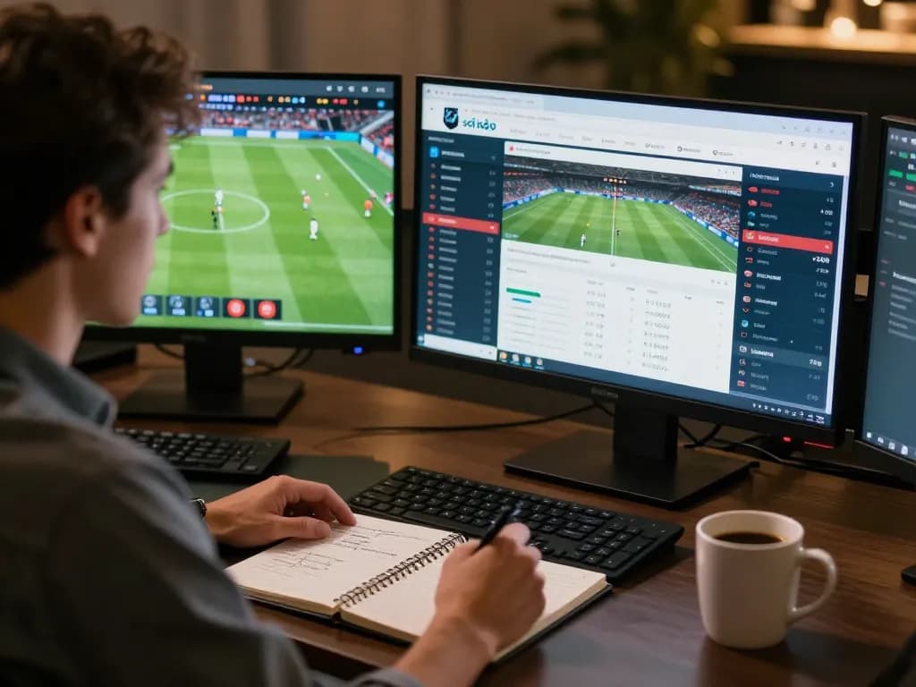 Soi Kèo - Engaged sports bettor analyzing live stats and odds on multiple screens for strategic betting.