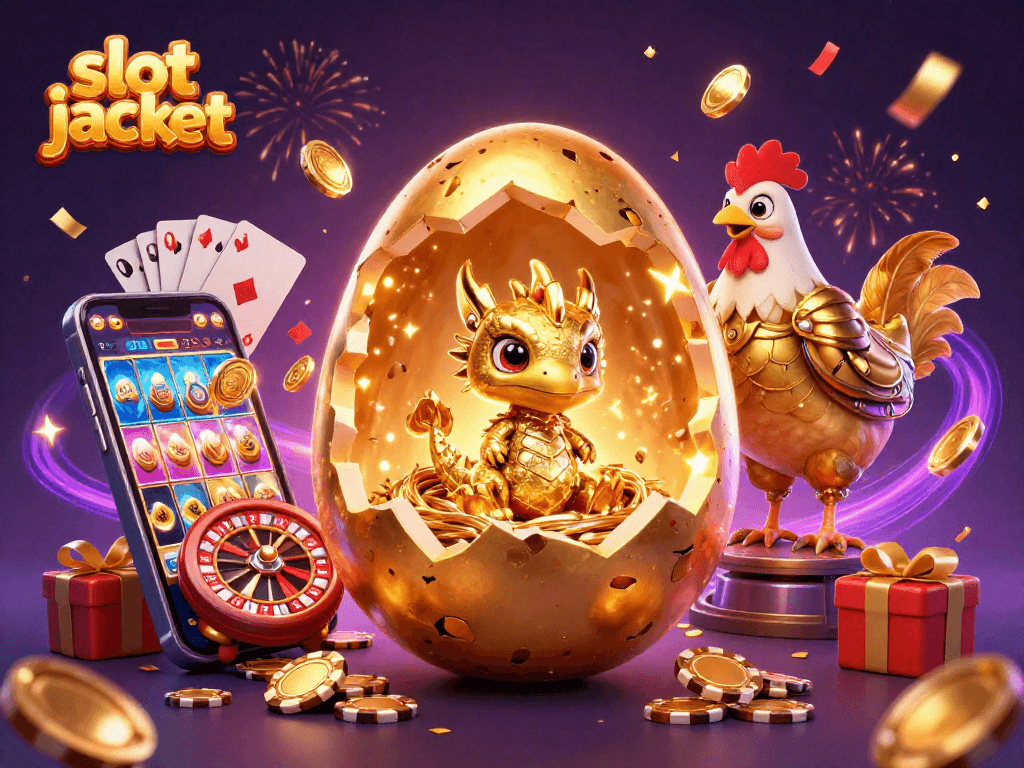 Win big with slot jackpot in a vibrant 3D illustration featuring a golden baby dragon and exciting casino elements.