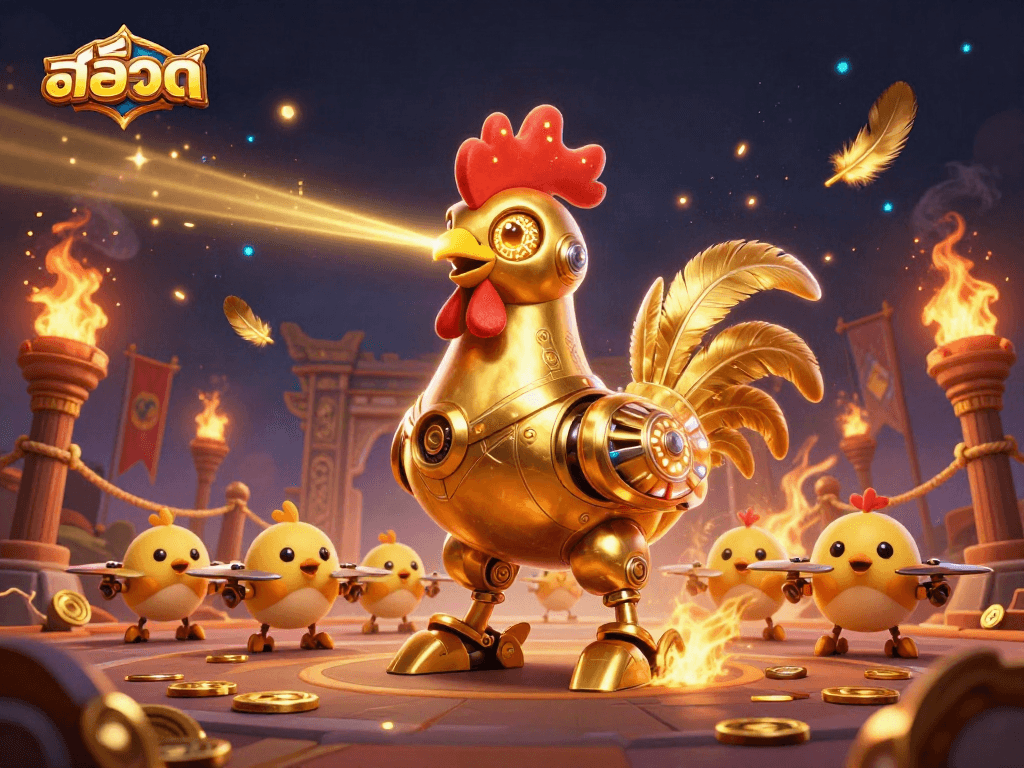 Engage in thrilling สล็อต adventures with a golden rooster robot and baby chick drones amidst fire and coins.
