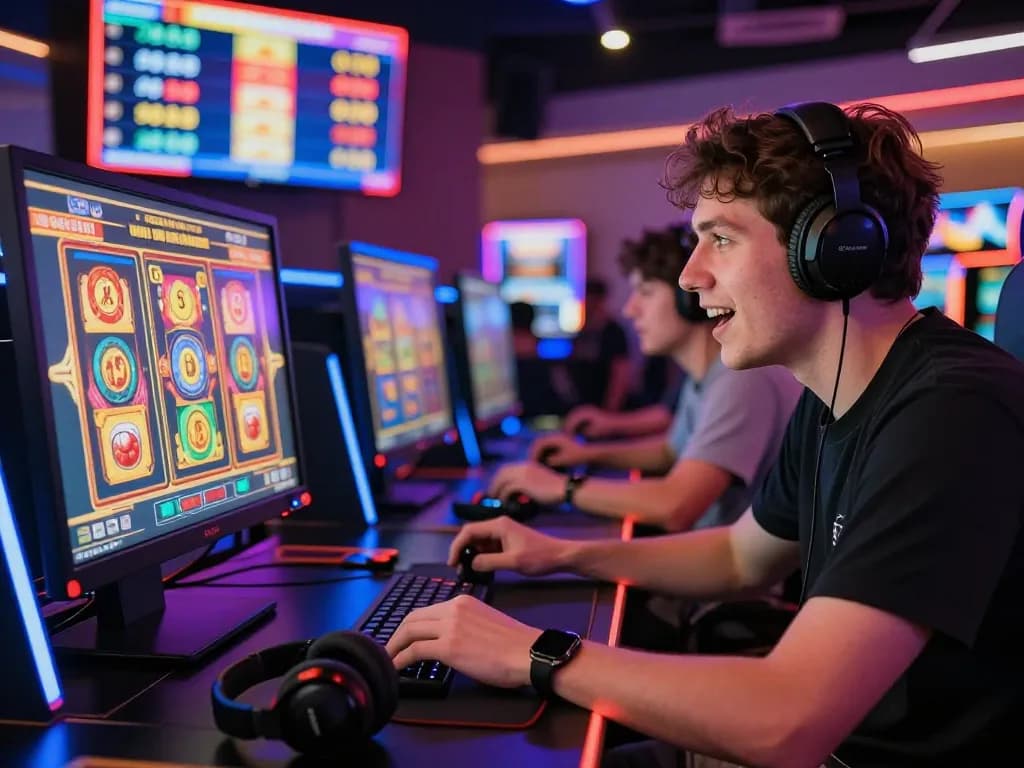 Player engaged in situs gacor online slot gaming with colorful displays and vibrant atmosphere