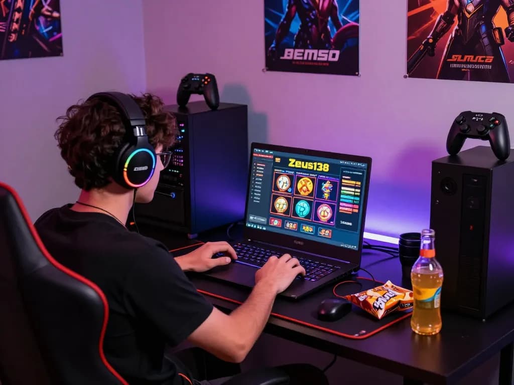 Engaged player using Zeus138 for online slot games with gaming setup.