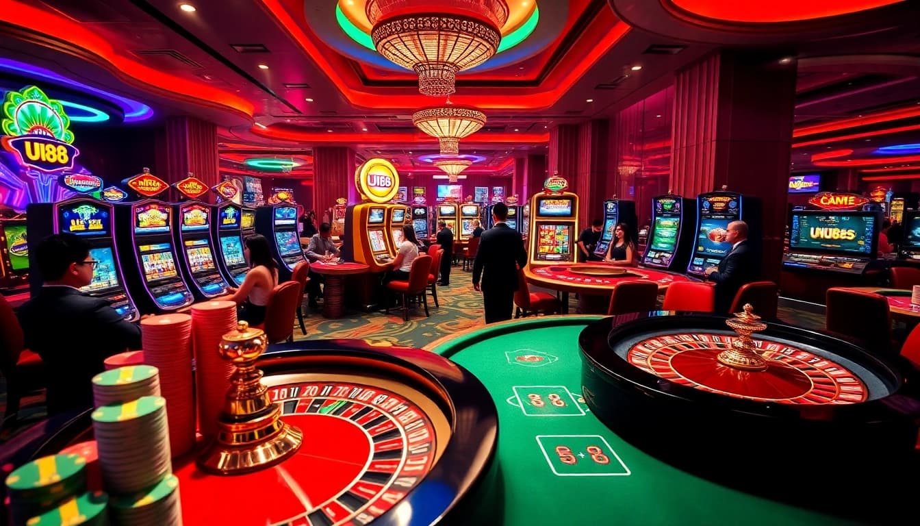 Engaging gamblers in excitement at UU88 high-end casino tables with vibrant gaming elements.